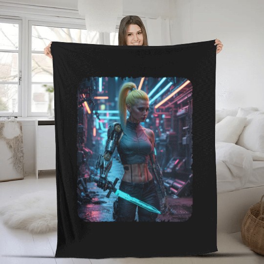 Cyberpunk women Warrior Fleece Blankets