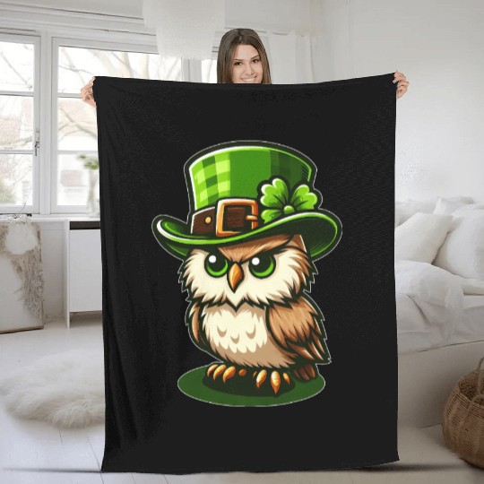 Cute St. Patrick's Day Owl with Top Hat Fleece Blankets