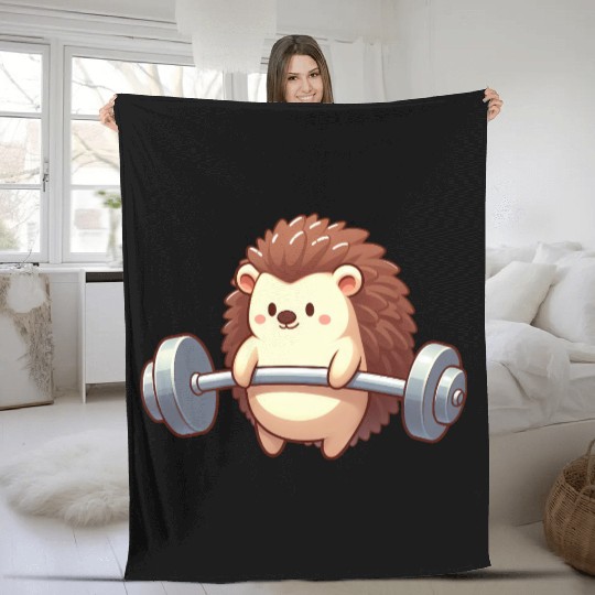 Cute Hedgehog Barbell Fitness Workout Cartoon Fleece Blankets