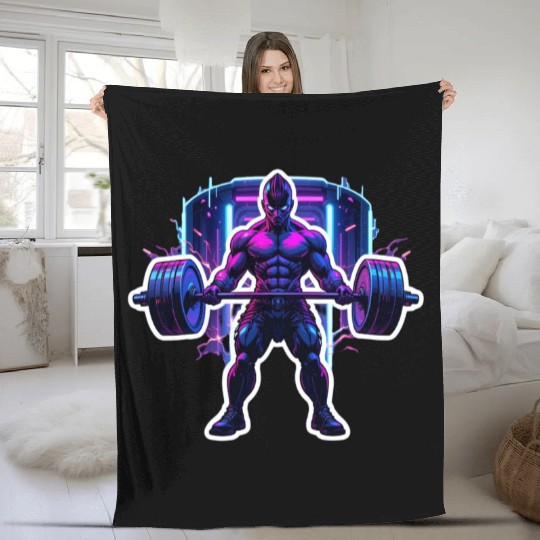 Cyberpunk Gym Warrior – Neon Powerlifting Fleece Blankets