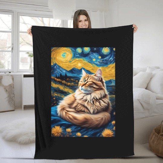 Cat painting red black cat Fleece Blankets