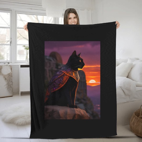Cat painting red black cat Fleece Blankets