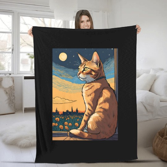 Cat painting red black cat Fleece Blankets