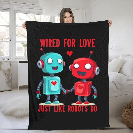 Valentine's Day Gift: Two Robots in Love on Bella Fleece Blankets