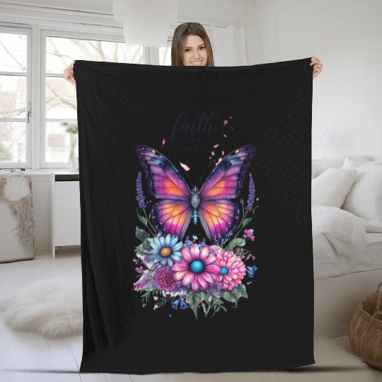 Butterfly with Flowers Art Faith Over Fear Fleece Blankets
