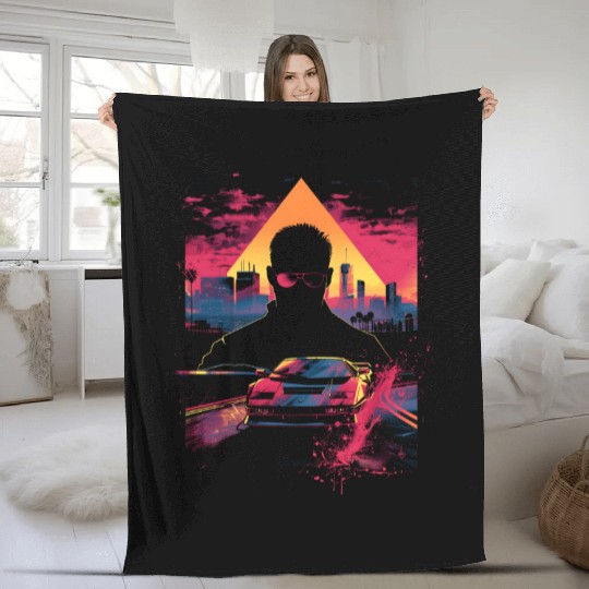 Vaporwave Man Retro Car City Synthwave 90s Fleece Blankets