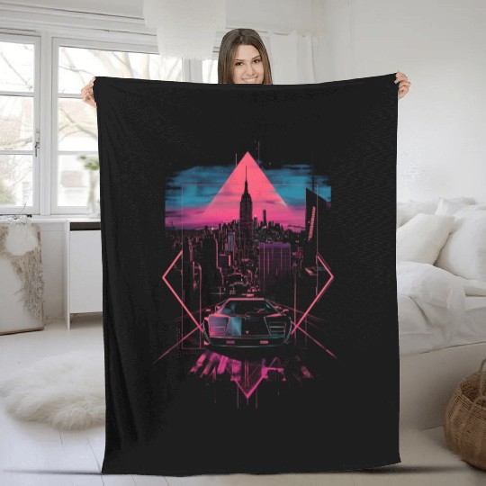 Retro Car City Vaporwave Synthwave 80s 90s Fleece Blankets