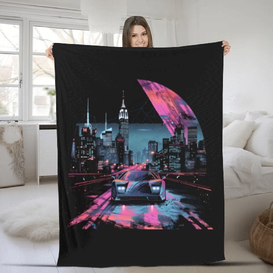80s 90s Vaporwave Retro Car City Synthwave Fleece Blankets