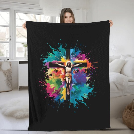 Jesus Christ On Cross Happy Easter Fleece Blankets