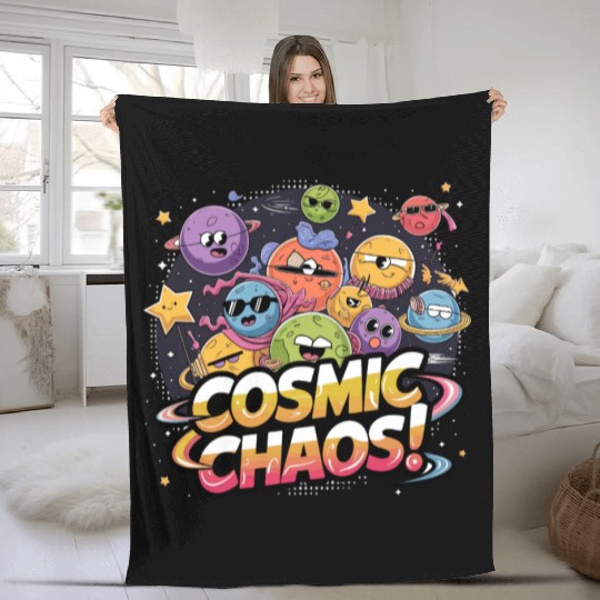 Chaotic Cartoonish Galaxy with Whimsical Character Fleece Blankets