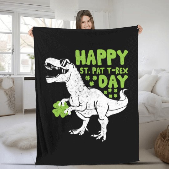 Happy St Pat Trex Day Dino St Patrick's Day Fleece Blankets