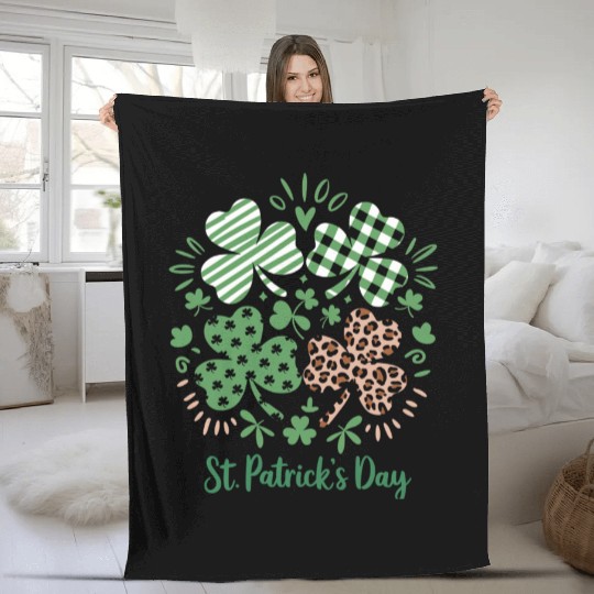 Plaid Leopard Print Shamrock St. Patrick's Day Fleece Blankets