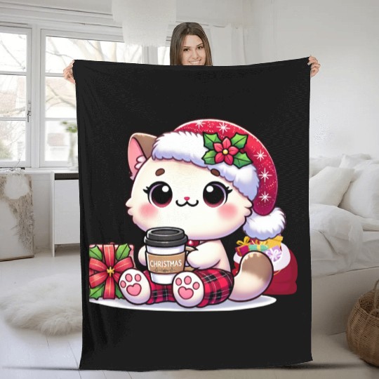 A Cute Kawaii Cat Drinking Coffee Fleece Blankets