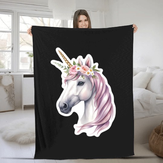 unicorn with flowers Fleece Blankets