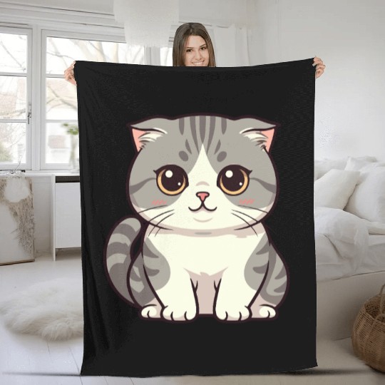 Cute Kawaii Cat Illustration Fleece Blankets