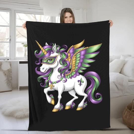 Happy Mardi Gras Unicorn Mask New Orleans Girls Fleece Blankets