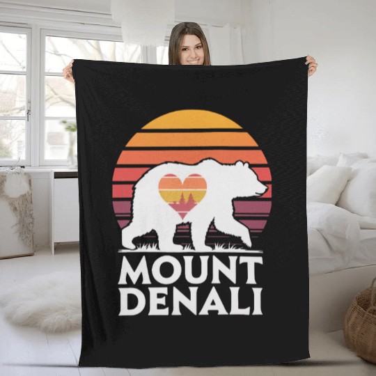 Retro Mount Denali Bear Sunset Art Fleece Blankets