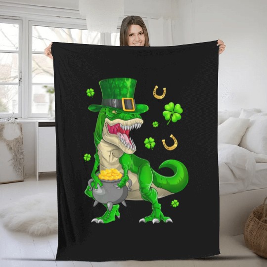 Happy St Patricks Day Dinosaur T-Rex Fleece Blankets