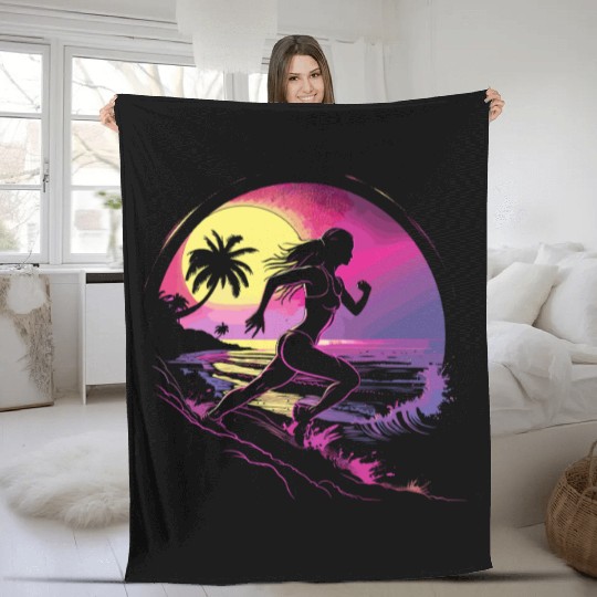 Female Runner Synthwave Fleece Blankets