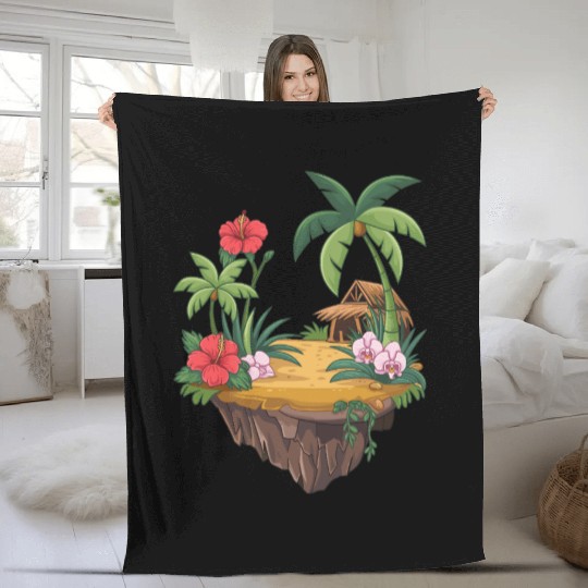 Tropical Island Hut Hibiscus and Orchids Fleece Blankets