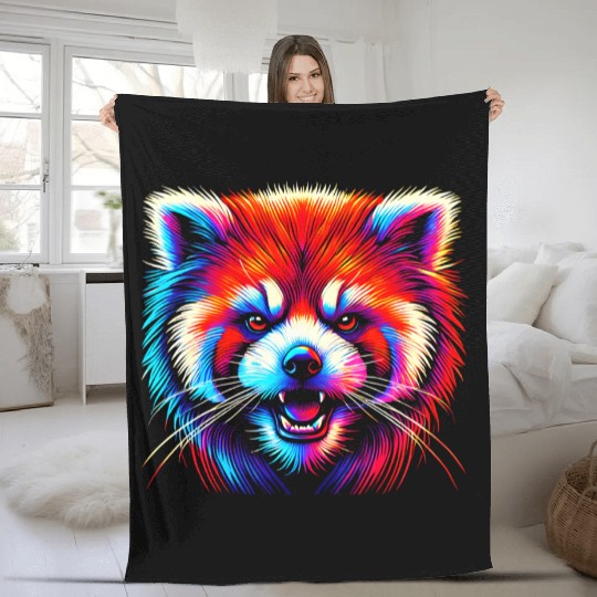 Colorful Red Panda Face – Bold Neon Pop Art Fleece Blankets