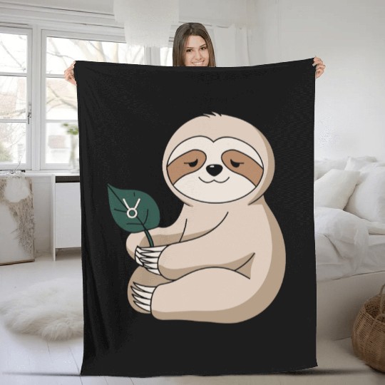 Taurus Zodiac Sloth Holding Leaf Fleece Blankets