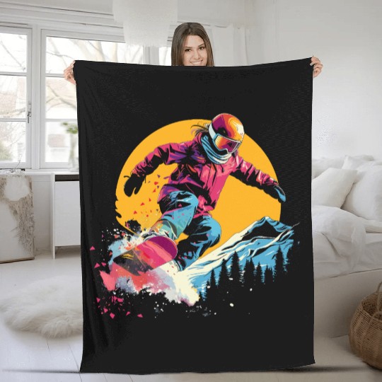 Snowboarder Synthwave Fleece Blankets