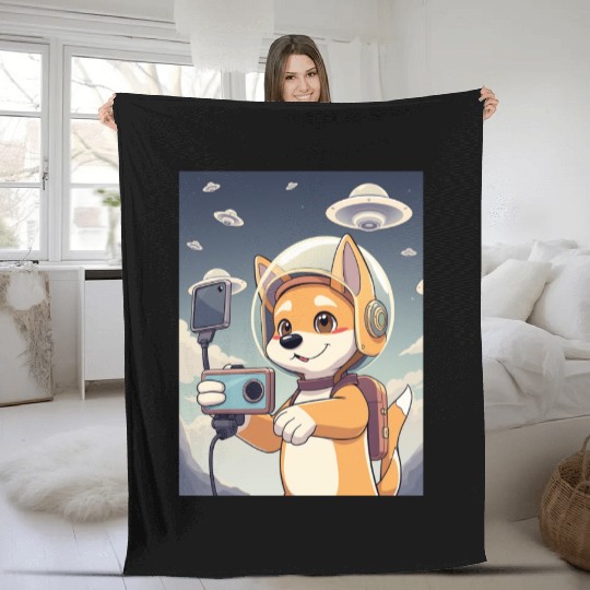 Funny Dog Rescue Anime Selfie with UFOs Weird Fleece Blankets