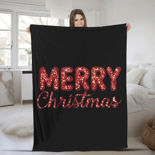 Merry Christmas Sequin Red Sparkle Design Xmas Fleece Blankets