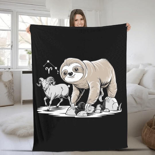 Aries Zodiac Soth with Ram and Sloth Illustration Fleece Blankets