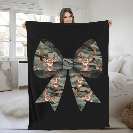 Coquette Bow Deer Hunting Hunter Camouflage Ribbon Fleece Blankets