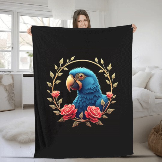 Colourful Parrot Bird Art | Tropical Flowers Fleece Blankets
