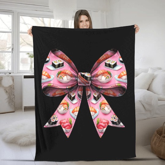 Coquette Bow Sushi Japanese Food Pattern Pink Fleece Blankets