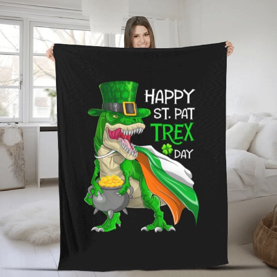 Dinosaur St Patricks Day Happy St Pat Trex T rex Fleece Blankets