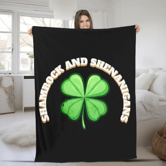 Shamrock and Sheninanigans 4-Leaf Clover Graphic Fleece Blankets
