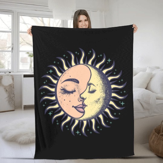 Boho Sun Moon Spirituality Sun Face Fleece Blankets
