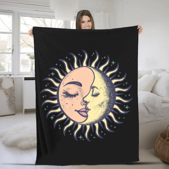 Boho Sun Moon Spirituality Sun Face Fleece Blankets