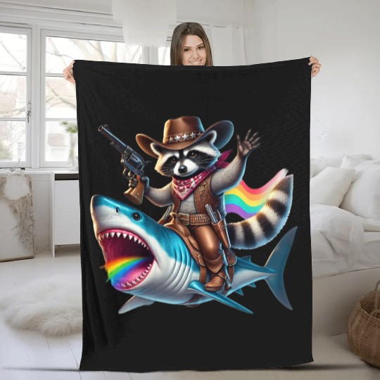 Funny Vintage Cowboy Raccoon Shark Rainbow Art Fleece Blankets