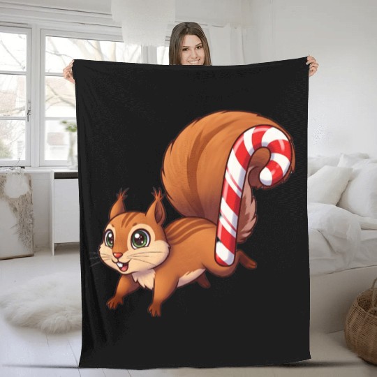 A squirrel with a candy cane tail. Fleece Blankets