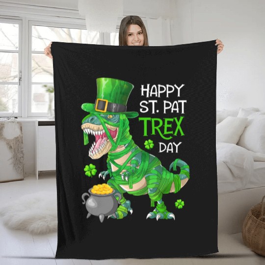 Happy St Pat Trex Day Dinosaur St Patricks Day Fleece Blankets