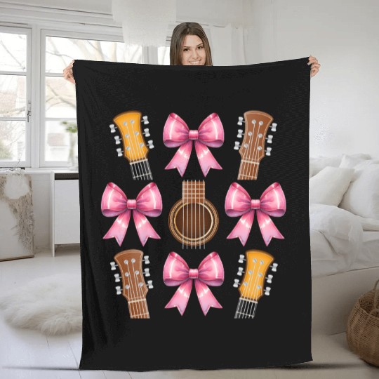 Coquette Bow Guitar Mom Guitarist Mothers Day Pink Fleece Blankets