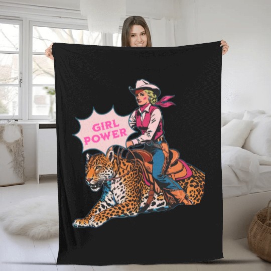 Girl Power Cowgirl Riding a Leopard Western Fleece Blankets
