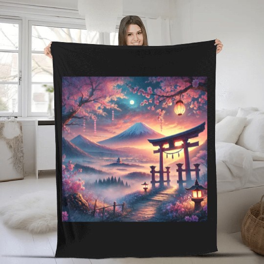 fuji sakura torii Fleece Blankets