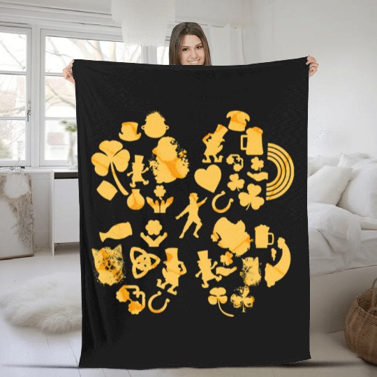 Gold 4-Leaf Clover Collage graphic Design Fleece Blankets