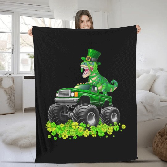 Monster Truck T-rex St Patricks Day Dinosaur Cute Fleece Blankets