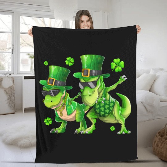 Happy St Patricks Day Dinosaur T-rex Dabbing Fleece Blankets