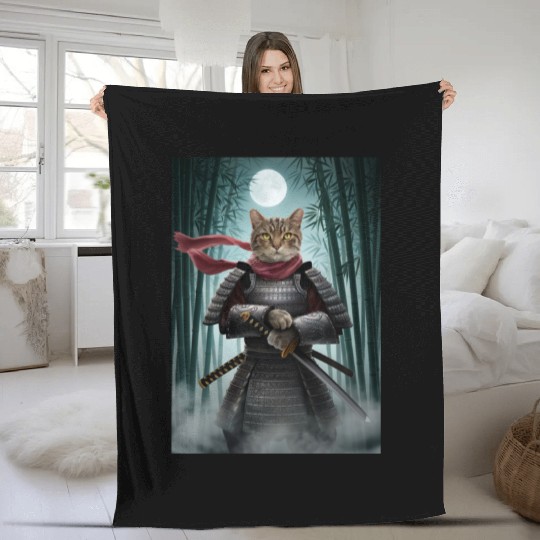 Japanese Cat Samurai Cat Fleece Blankets