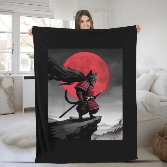 Japanese Cat Samurai Cat Fleece Blankets