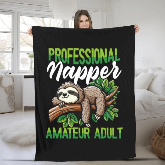 Funny Sloth Professional Napper Lazy Humor Fleece Blankets