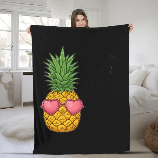 A cute pineapple with heart-shaped sunglasses. Fleece Blankets